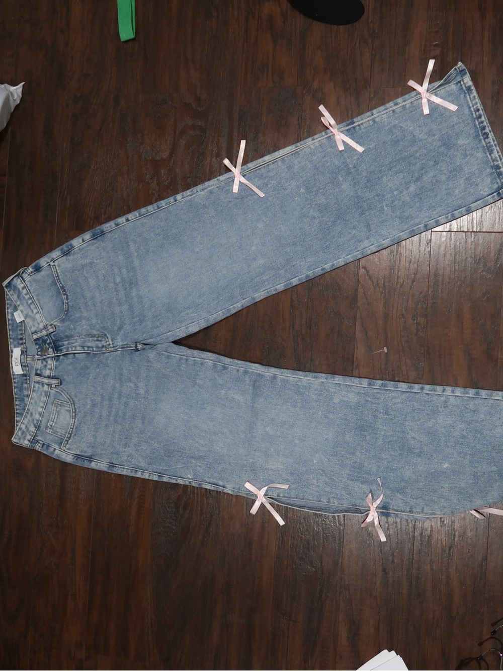 Light Blue Straight-Leg Jeans with Pink Bow Trim